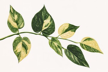 A botanical illustration of golden pothos leaves with variegated patterns, placed against a clean white background.