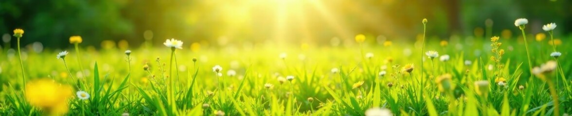 Sun-drenched meadow, vibrant green grass, wildflowers, botanical, fresh, growth