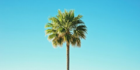Tall green Royal Palm tree centered against a bright clear blue sky creating a serene tropical ambiance ideal for vacation themes.