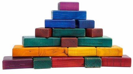 A colorful set of wooden stacking blocks arranged in a perfect pyramid shape. The smooth finish highlights their vibrant colors.