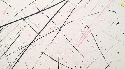 Abstract art with black, pink, and white paint splatters and lines on a textured background.