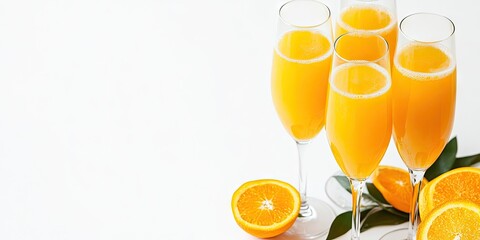Fototapeta premium Champagne cocktails with orange juice in tall glasses against a bright white background with orange slices and ample copy space on the side