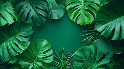 Tropical leaves frame, green background, design template
