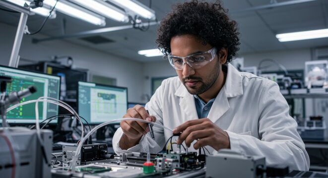 Focused Scientist at Work: A dedicated scientist meticulously works on a complex electronic circuit in a modern, well-equipped laboratory.  His intense focus and precision are evident in this image. 