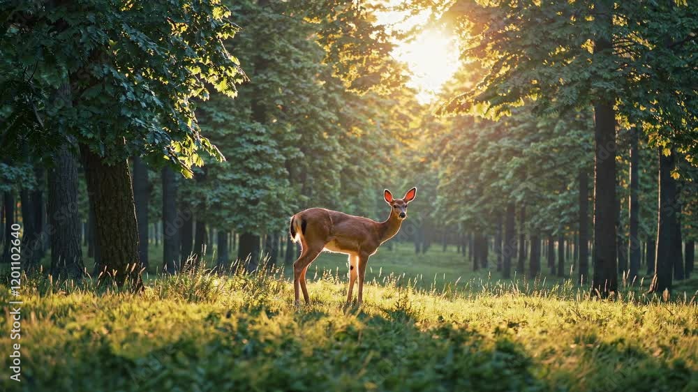 Poster deer standing in lush green forest during golden hour with sunlight filtering through trees