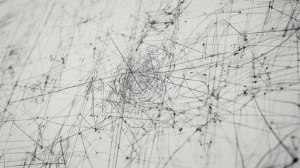 Obraz premium Abstract grayscale image showing a complex network of interconnected lines and nodes, resembling a web or neural network.