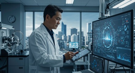 Scientist Reviewing Data: A focused scientist in a modern lab meticulously reviews data on a tablet, with a large monitor displaying complex scientific visualizations in the background.