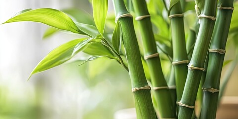 Obraz premium Lush green lucky bamboo stalks with vibrant leaves positioned elegantly, showcasing natural beauty and tranquility in a softly lit background.