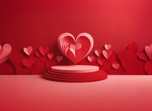 A 3D rendering of a Valentine's Day scene. A large, layered heart sits on a red cylindrical podium, surrounded by smaller hearts against a red backdrop.  The image evokes love and romance.