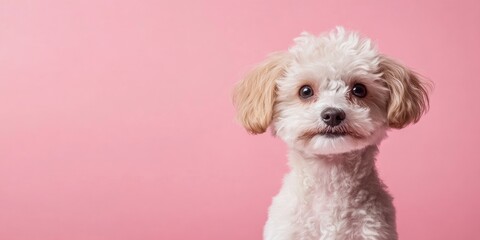 Cute Maltipoo puppy with fluffy white fur and light brown ears posed against a soft pink background, focused on its curious expression.