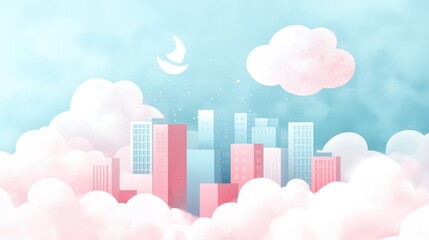 Pastel Cityscape Above Fluffy Clouds and a Crescent Moon