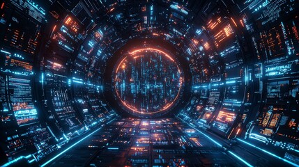 Futuristic digital tunnel with glowing neon lights and data streams.