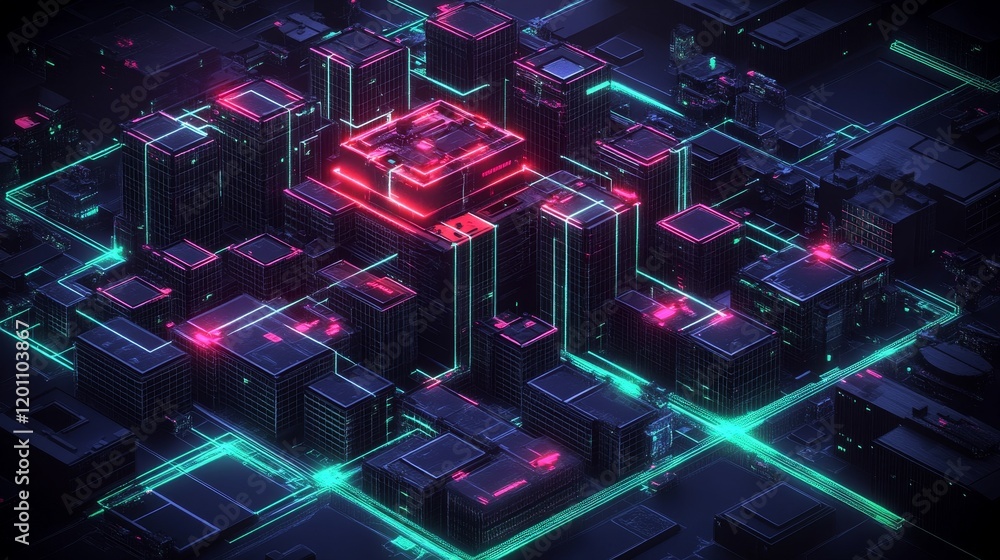 Poster abstract digital cityscape illuminated circuitry and data streams