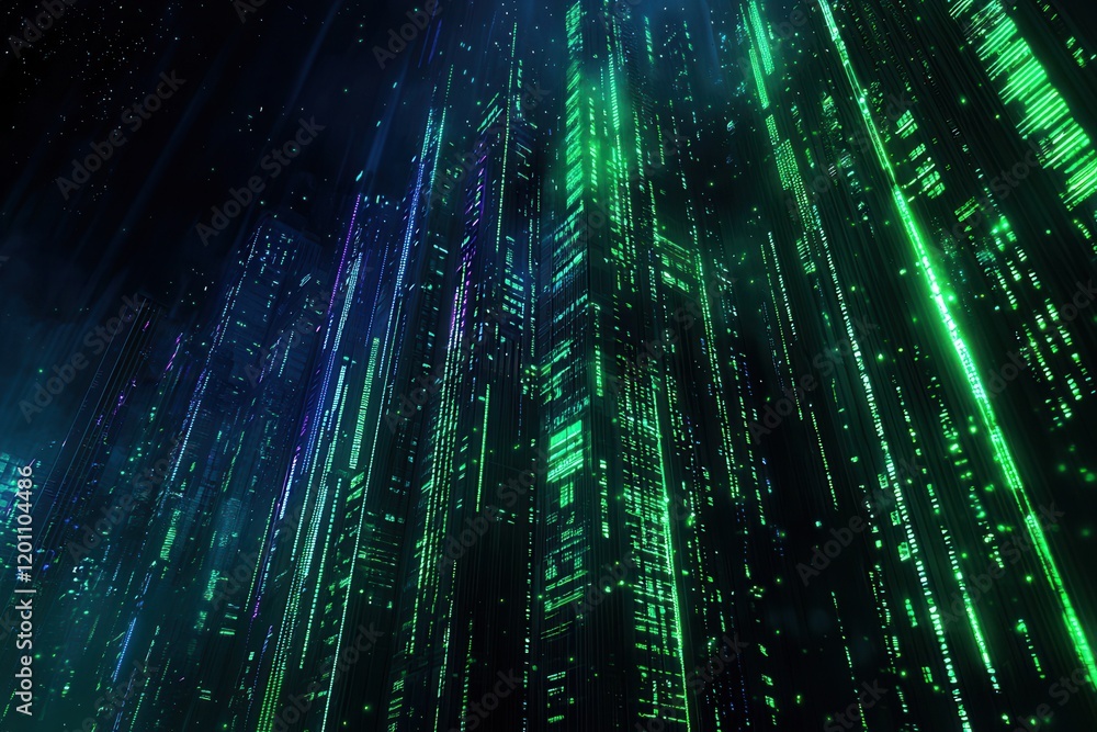 Poster a futuristic display of green and blue digital patterns, resembling a high-tech environment or a mat