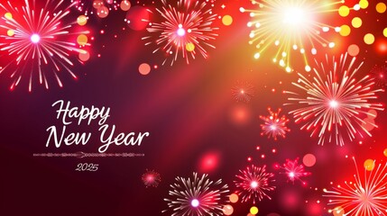 TEXT "Happy New Year 2025 " Festive Fireworks Background Greeting Card Banner 