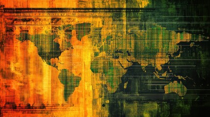 A vibrant digital world map with a textured background, featuring green continents and orange hues, symbolizing global connectivity and technology.