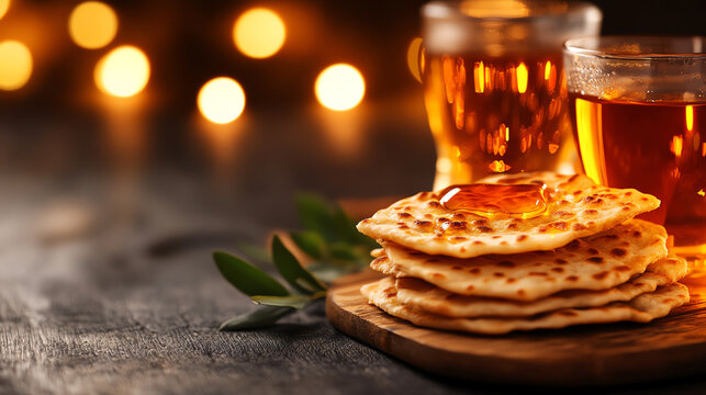 Somalian Malawah sweet flatbread, paired with honey and tea in a vibrant African cafe setting, [Breakfast delights, cultural fusion]
