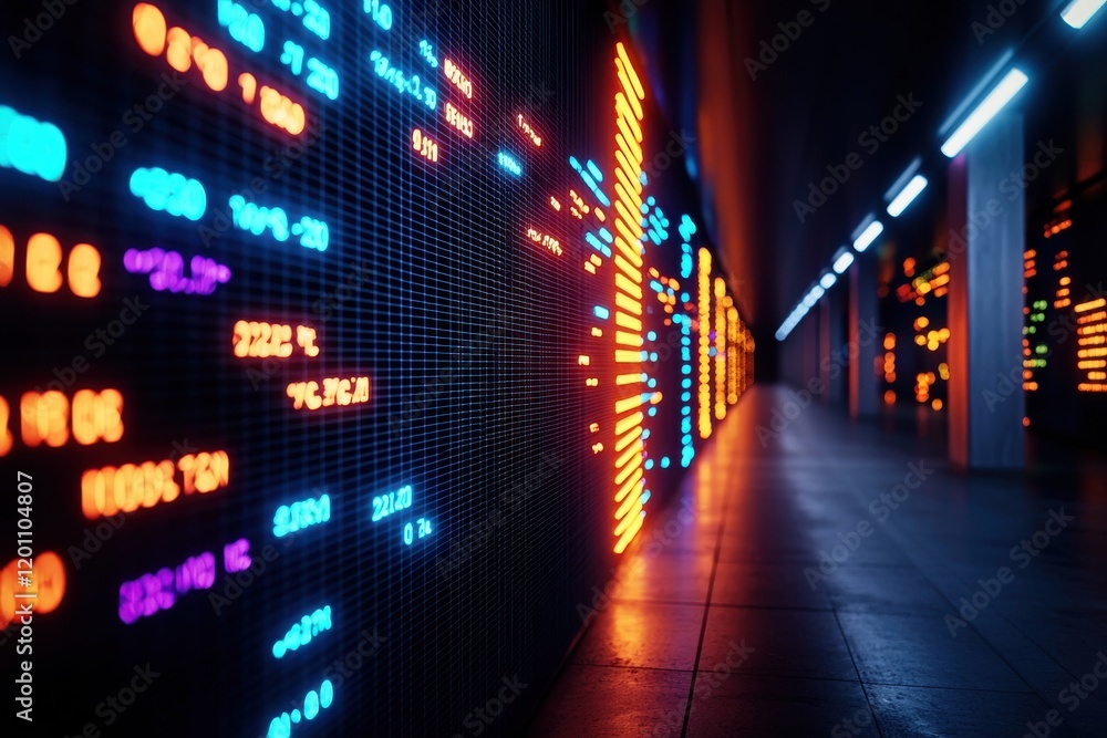 Poster a futuristic corridor is illuminated by colorful digital displays, showcasing data streams and vibra
