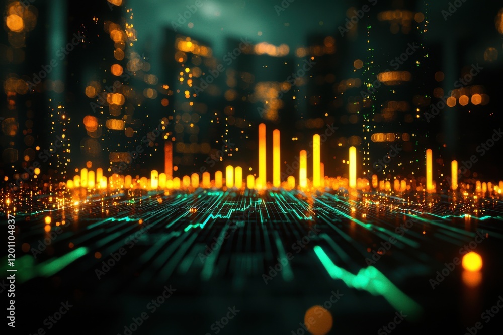 Poster a vibrant digital cityscape with glowing bars and data streams, representing technology and innovati