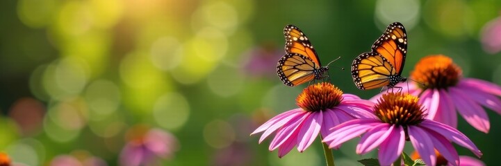 Two monarch butterflies on vibrant purple coneflowers, sunlight dappled , stock photo, photography