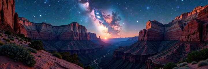 Starry night, Milky Way arching over Zion's towering canyon walls , scenic, high resolution
