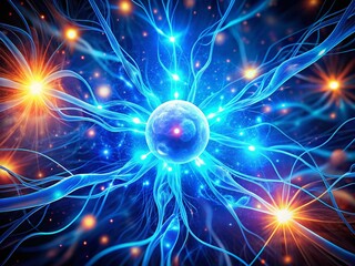 Futuristic Aerial View: Blue Neuron Plasma Energy Laser - 3D Rendered Virtual Technology