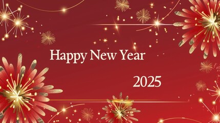 TEXT "Happy New Year 2025 " Festive Fireworks Background Greeting Card Banner 