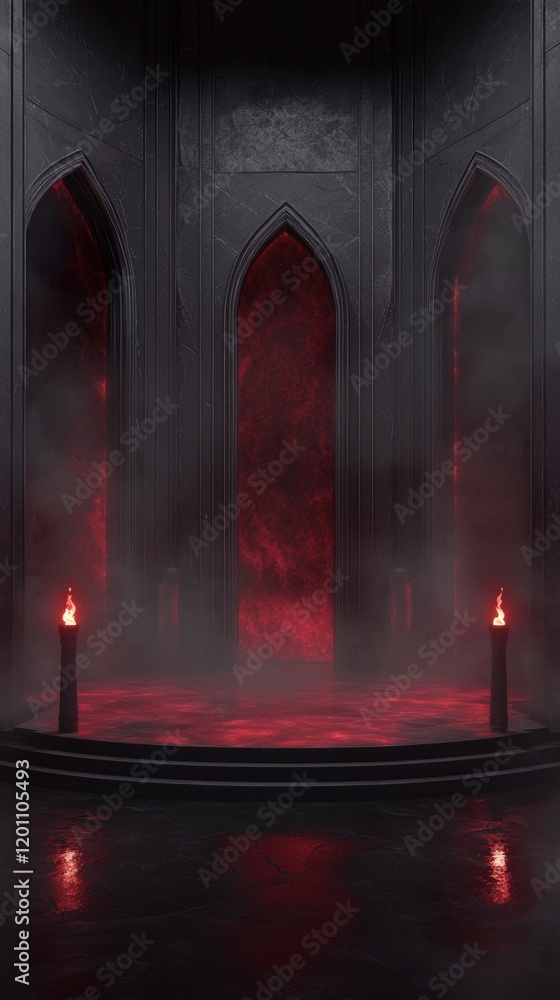 Poster digital illustration of a dark and eerie scene with three arched windows in the center. the windows 