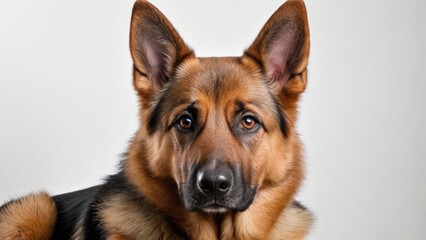 Red and black german shepherd dog on grey background
