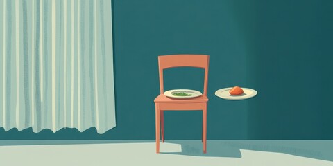A single chair holds plates of food a healthy and unhealthy choice