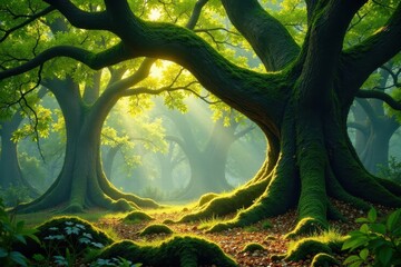 Ancient trees draped in moss, sunlight filtering through leaves, untamed, leaves