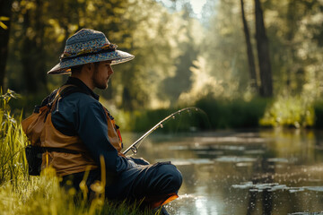 A fisherman sits peacefully by a serene pond, wearing a unique hat while casting his line into the water. The early morning light filters through the trees, creating a tranquil atmosphere