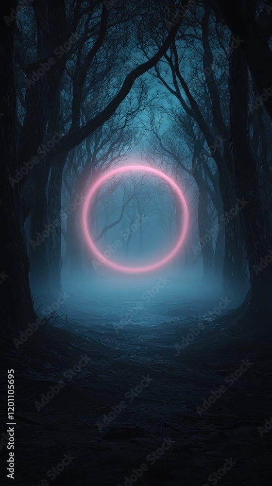 Aufkleber dark and eerie scene of a forest with tall trees on either side. the trees are covered in fog and th