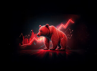 A glowing red bear stands against a dark background, illuminated by a descending red graph depicting market downturn.  Symbolic of financial decline and bearish market trends.