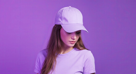 Fototapeta premium A young woman wearing a plain pastel purple baseball cap and pastel purple T-shirt. Lady girl with long hair. Plain purple background