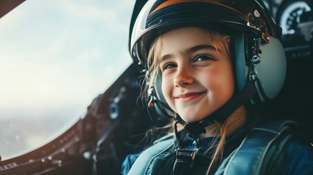 A young girl, dressed in a pilot uniform and helmet, sits proudly in the cockpit.