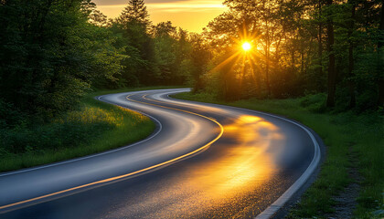 Fototapeta premium Winding road sunset forest drive travel