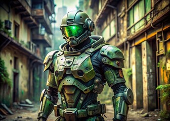 Fototapeta premium Futuristic Mech Soldier: Green & Gray Battle Robot 3D Render - Stock Photo