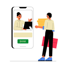 Bank Consultant Assisting Female Client Through Mobile Banking Platform In Flat Vector Illustration Symbolizing Customer Service, Online Banking, And Digital Financial Support.
