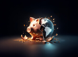 A shattered piggy bank reveals a fractured Earth within, symbolizing global financial crisis and environmental fragility.  The image evokes themes of economic instability and planetary destruction.