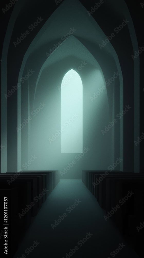 Poster empty room with a large archway in the center. the archway is made of stone and has a pointed top. t