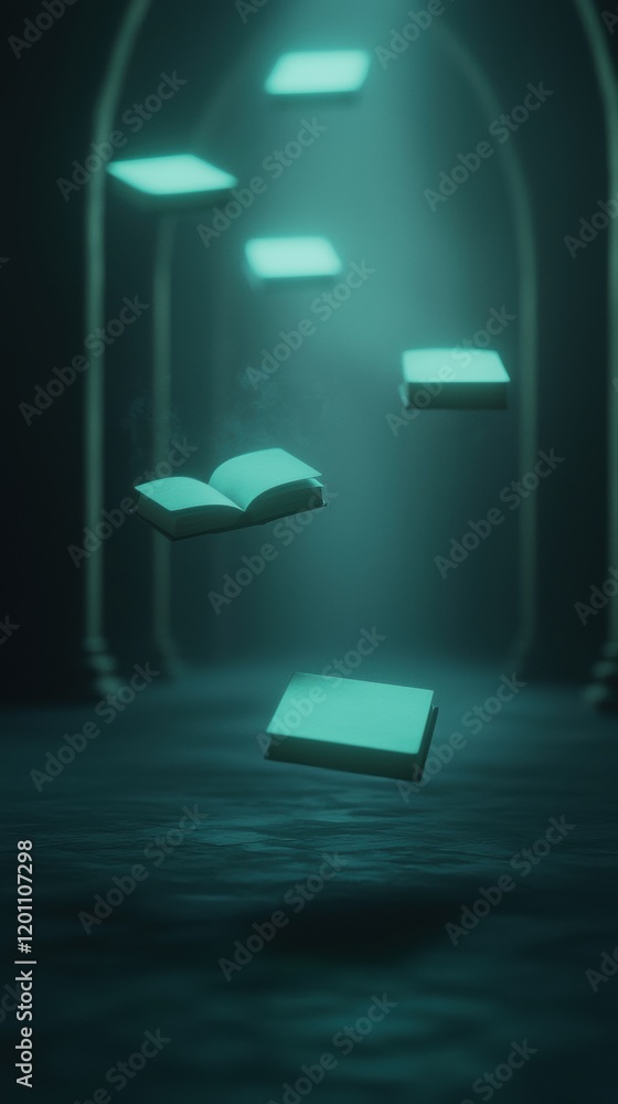 Poster open book floating in the air in a dark room with arches on either side. the room appears to be diml