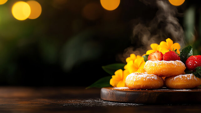 Tongan Keke Vai sweet fried doughnuts, styled with tropical fruits and island decor, [Pacific desserts, cultural treats]