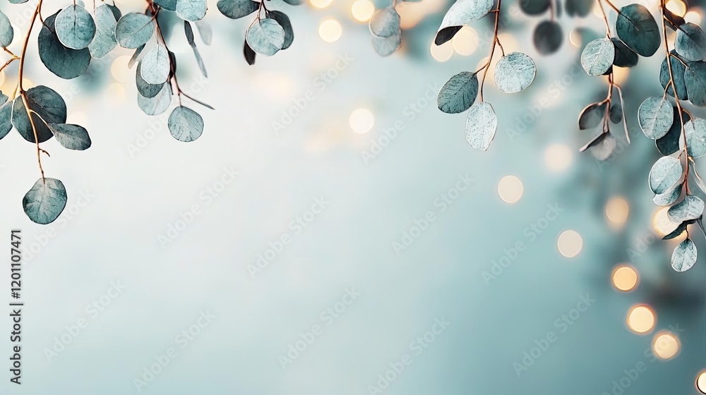 Poster framed watercolor concept. eucalyptus leaves with soft bokeh lights in a serene background creating 