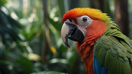 Fototapeta premium Vibrant macaw parrot in lush green foliage. Its colorful feathers stand out against the deep green background.