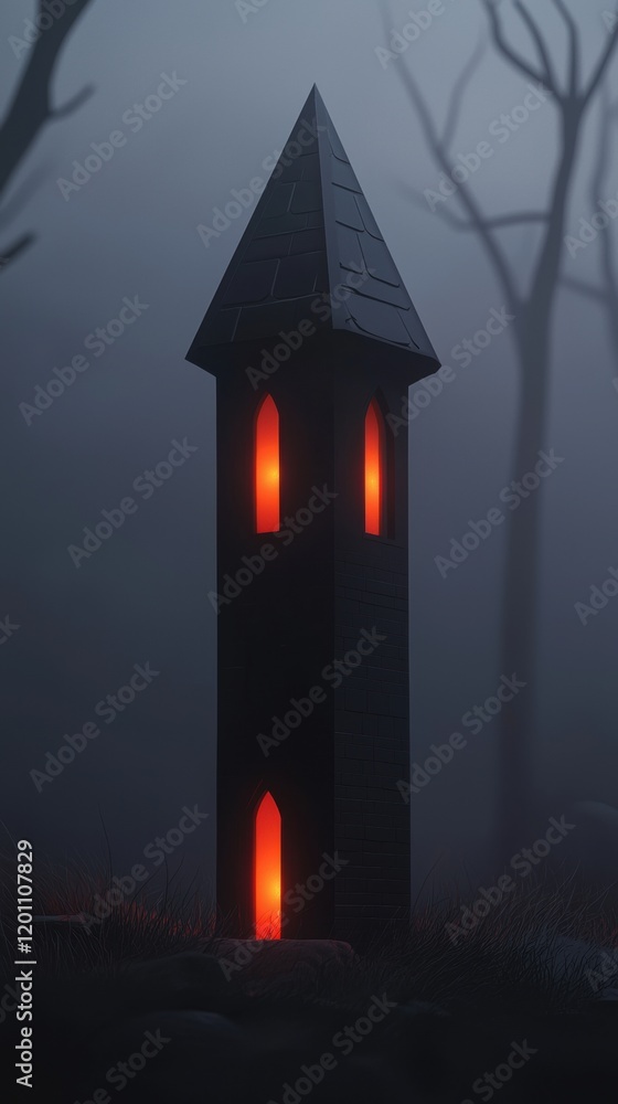 Poster digital illustration of a small black tower with a pointed roof and two red windows. the tower is st