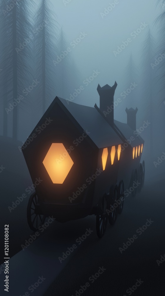 Poster dark and eerie scene of a train carriage in the middle of a foggy forest. the carriage is made of wo