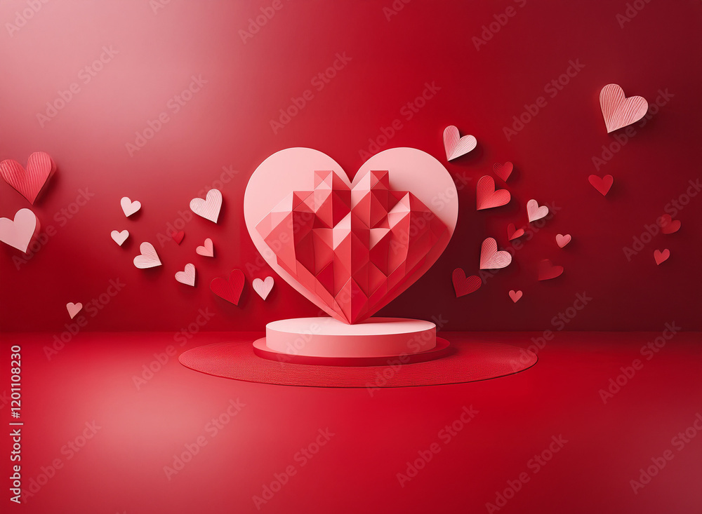 Poster a 3d rendering of a heart-shaped frame encompassing a crystalline heart structure on a red stage, su