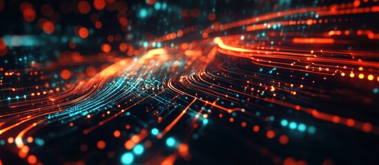 Abstract digital wave with glowing particles and lines.