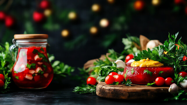 Ukrainian Holodets meat jelly, artistically plated with mustard and horseradish in a festive village setting, [Slavic cold dishes, historic culinary art]